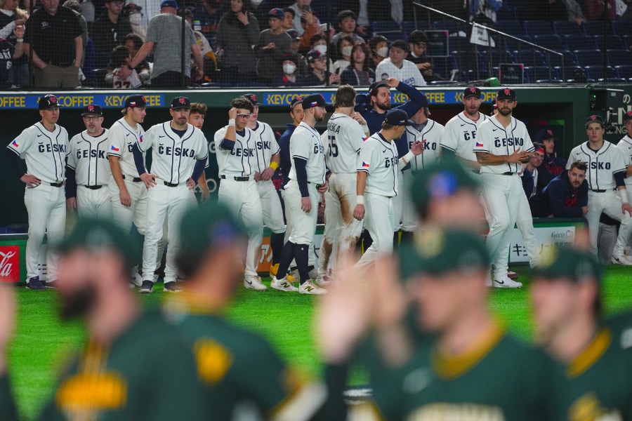 試合後ベンチ前に整列するチェコの選手たち【写真：荒川祐史】