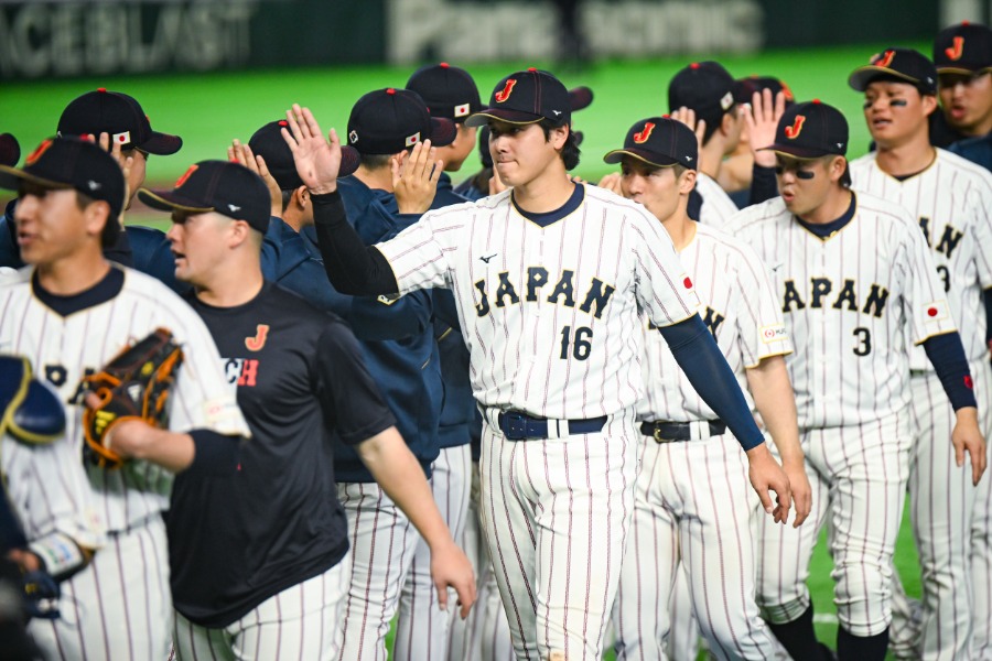 韓国戦に勝利した侍ジャパンナイン【写真：中戸川知世】