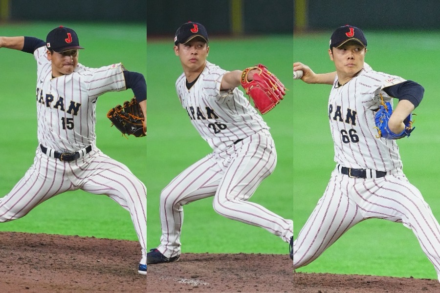 韓国戦に登板した（左から）大勢、種市篤暉、松本裕樹【写真：荒川祐史】