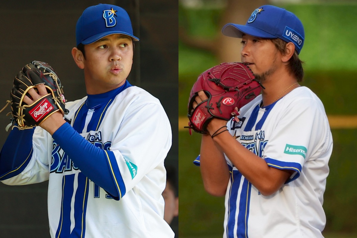 DeNA・山崎康晃（左）、今年1月に現役引退を表明した三嶋一輝氏【写真：加治屋友輝、町田利衣】