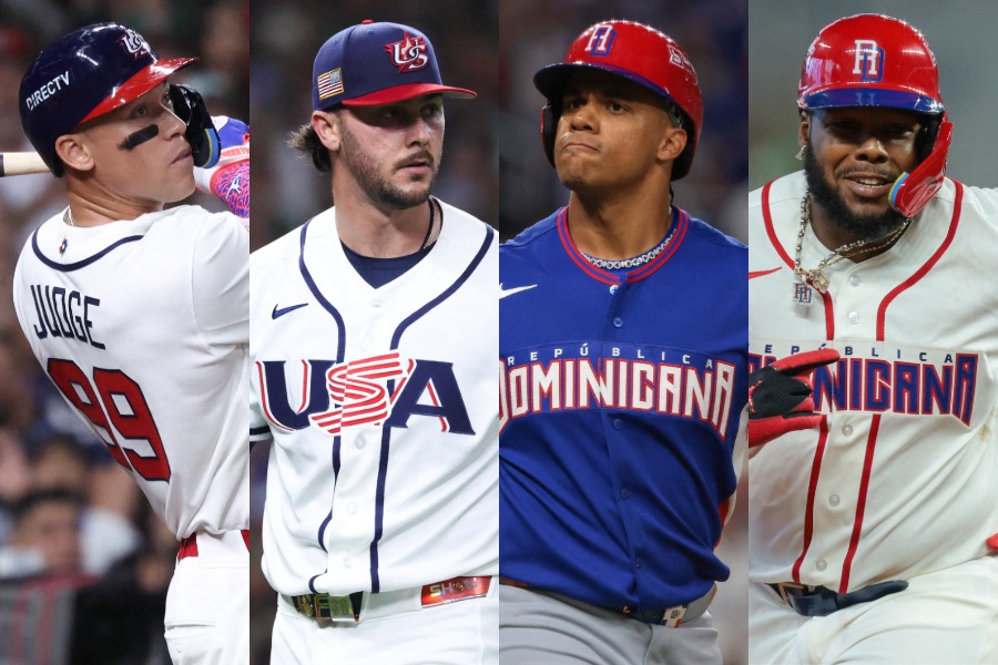 アメリカ代表のアーロン・ジャッジ、ポール・スキーンズ、ドミニカ共和国代表のフアン・ソト、ブラディミール・ゲレーロ（左から）【写真：ロイター】