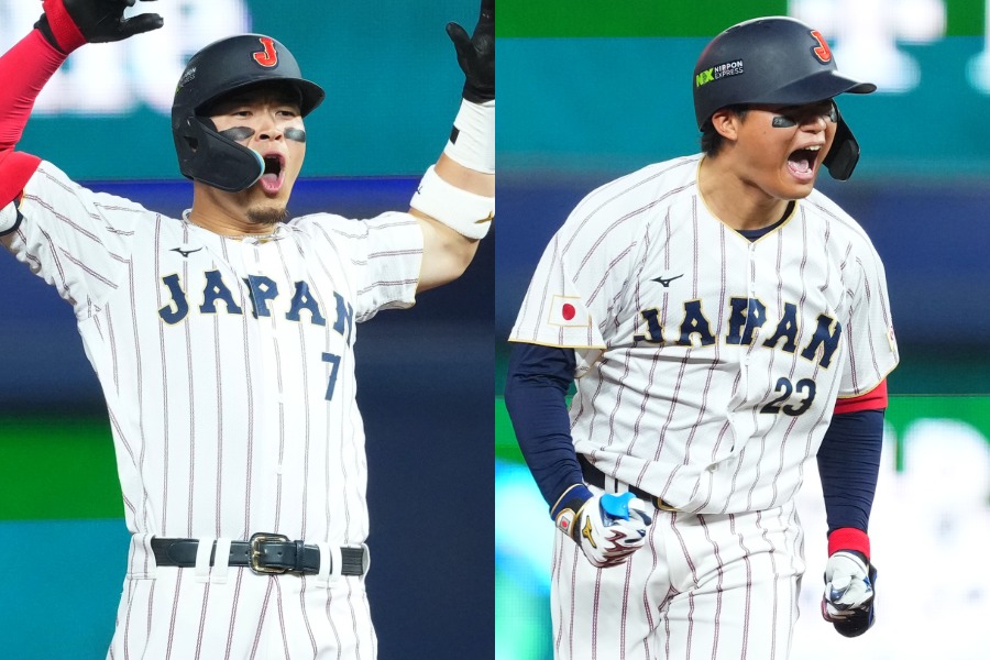 適時打を放った侍ジャパン・佐藤輝明（左）と3ランを放った森下翔太【写真：Getty Images】