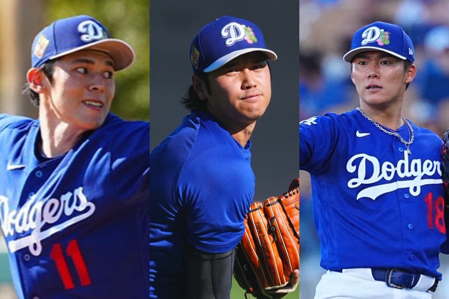 ドジャース・佐々木朗希、大谷翔平、山本由伸（左から）【写真：荒川祐史】