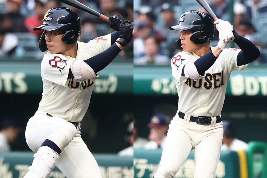 24日の滋賀学園戦に出場した八戸学院光星・新谷翔磨（左）と契夏兄弟【写真：加治屋友輝】