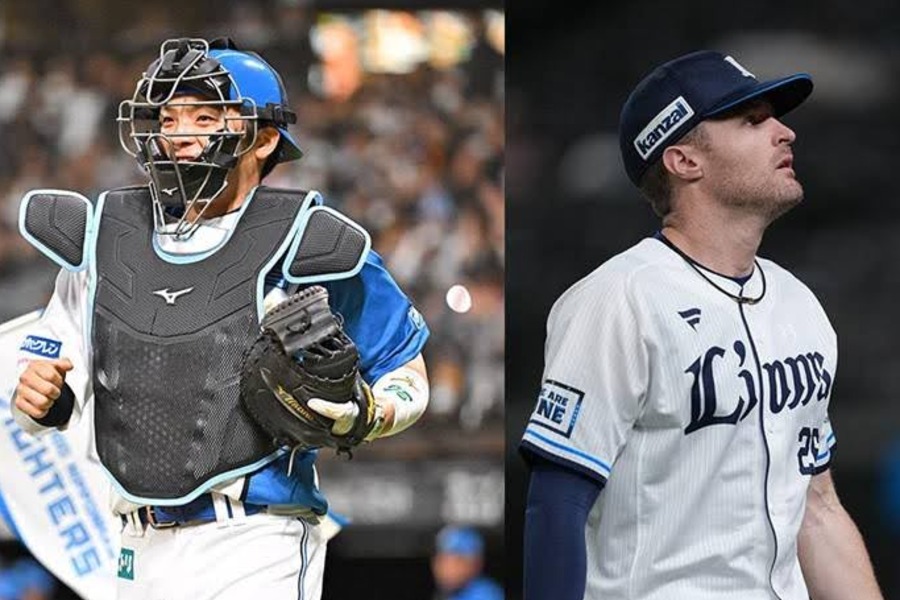 日本ハム・郡司裕也（左）と西武のタイラー・ネビン【写真：球団提供】