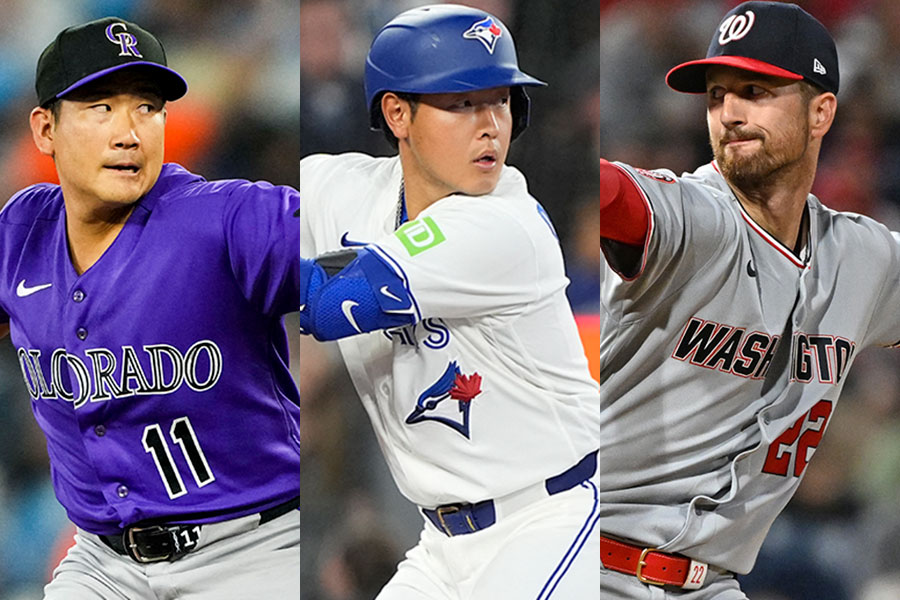 昨シーズンまで巨人に在籍していた菅野智之、岡本和真、フォスター・グリフィン(左から)【写真:ロイター、アフロ】