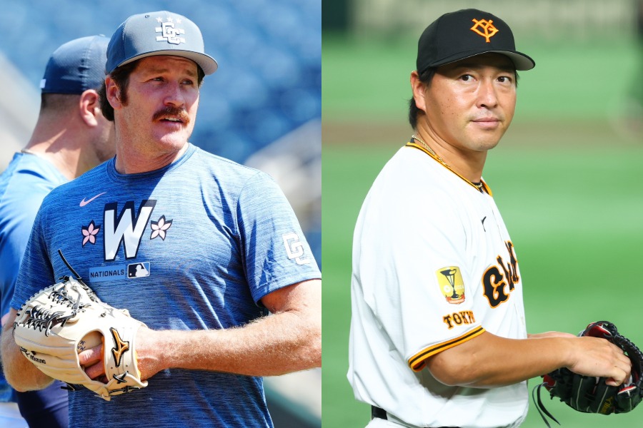 ナショナルズのマイルズ・マイコラス（左）と巨人でプレーした長野久義氏【写真：黒澤崇、加治屋友輝】