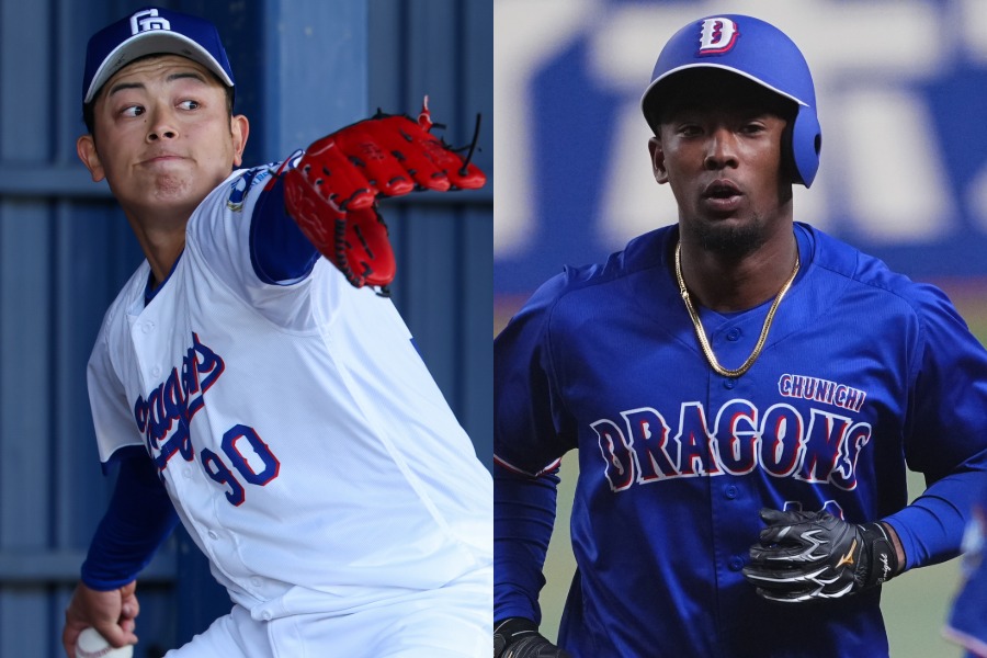 中日・松山晋也（左）とブライト健太【写真：加治屋友輝、小林靖】