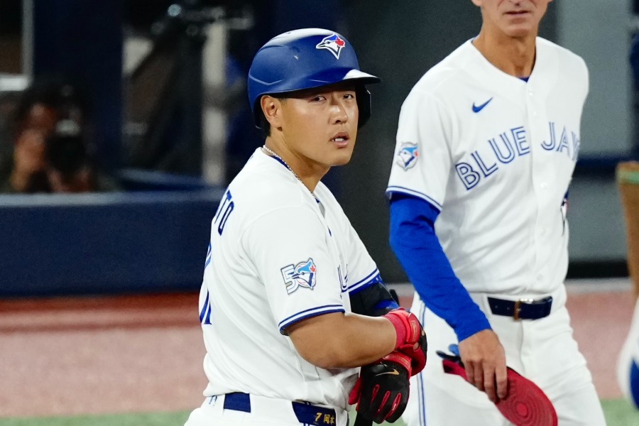 ドジャース戦に出場したBジェイズ・岡本和真【写真：黒澤崇】