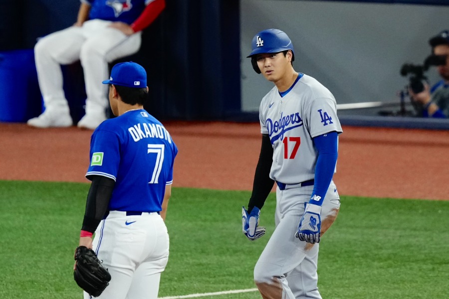 Bジェイズ戦に出場したドジャース・大谷翔平（右）【写真：黒澤崇】