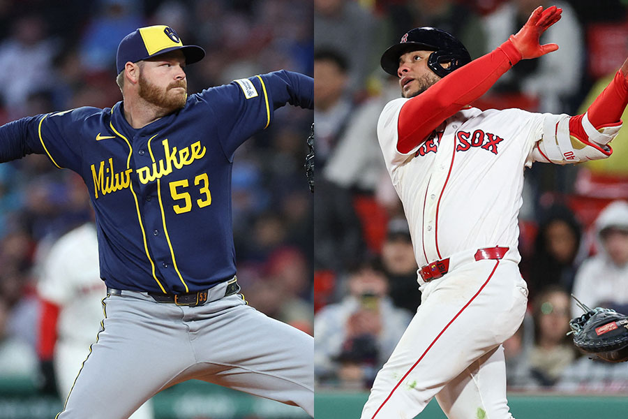 ブルワーズのブランドン・ウッドラフ(左)とレッドソックスのウィルソン・コントレラス【写真:ロイター】