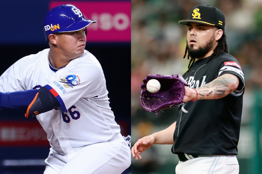 中日の鵜飼航丞（左）とソフトバンクのロベルト・オスナ【写真：加治屋友輝、小池義弘】