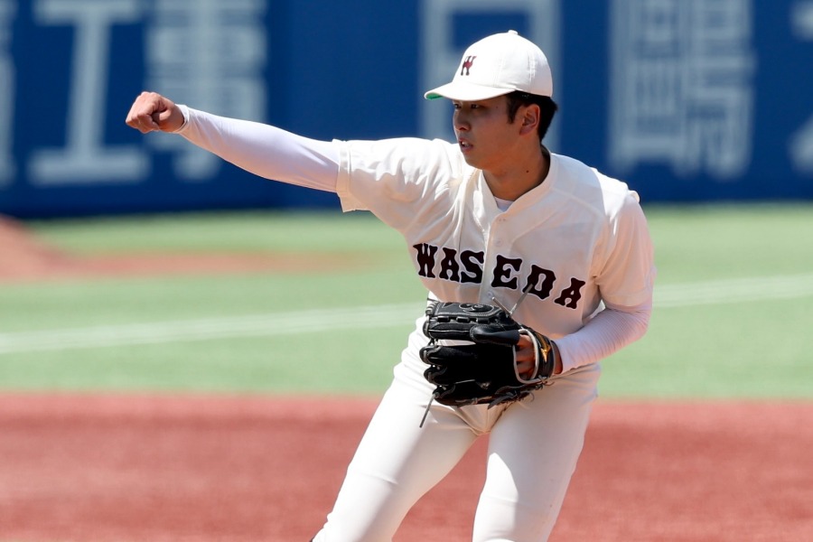 法大戦に先発して完投勝利を挙げた早大・高橋煌稀【写真：加治屋友輝】