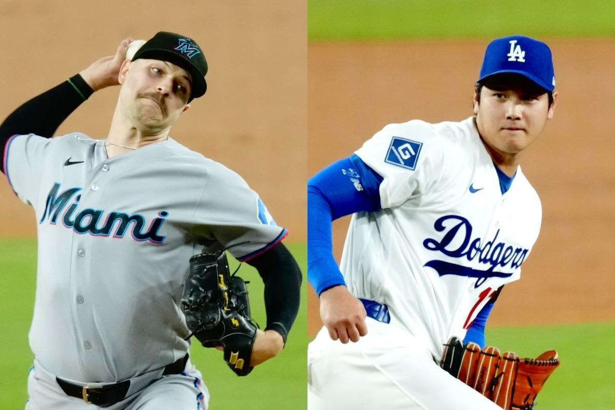 大谷翔平（右）との投げ合いに勝ったマーリンズのジャンソン・ジャンク。2人はエンゼルスでチームメートだった【写真：黒澤崇】