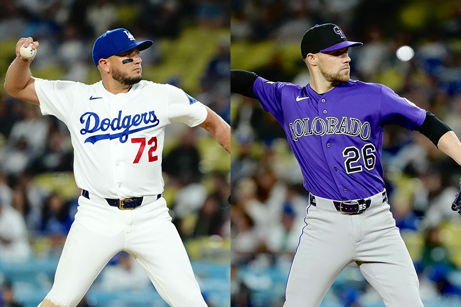 登板したドジャースのミゲル・ロハス(左)とロッキーズのブレット・サリバン【写真:黒澤崇】