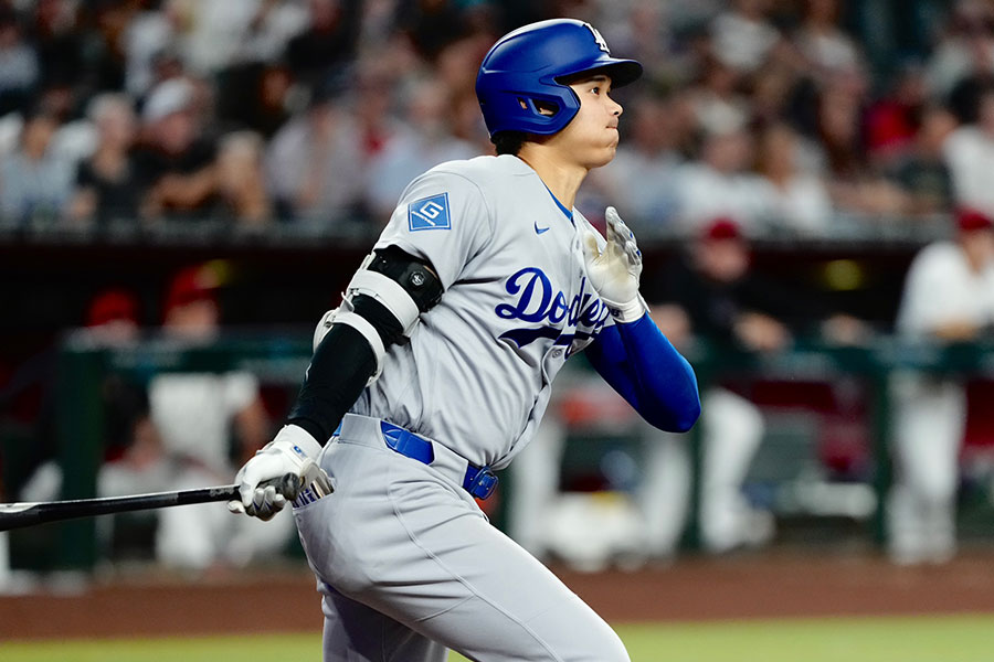 2回に三塁打を放ったドジャース・大谷翔平【写真：黒澤崇】