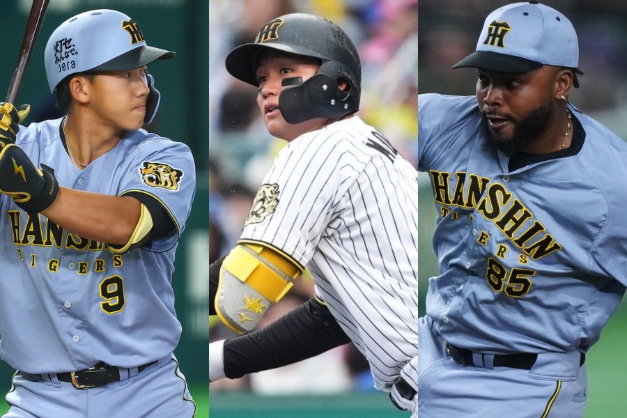 阪神・立石正広、森下翔太、ラファエル・ドリス（左から）【写真：小林靖、加治屋友輝、矢口亨】