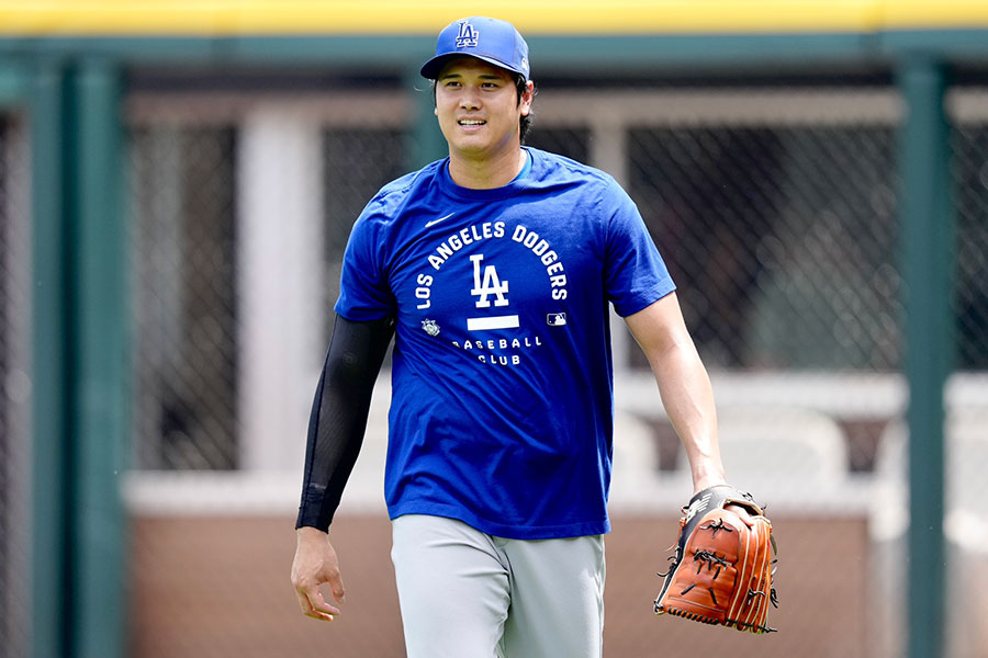 試合前にキャッチボールを行ったドジャース・大谷翔平【写真:黒澤崇】