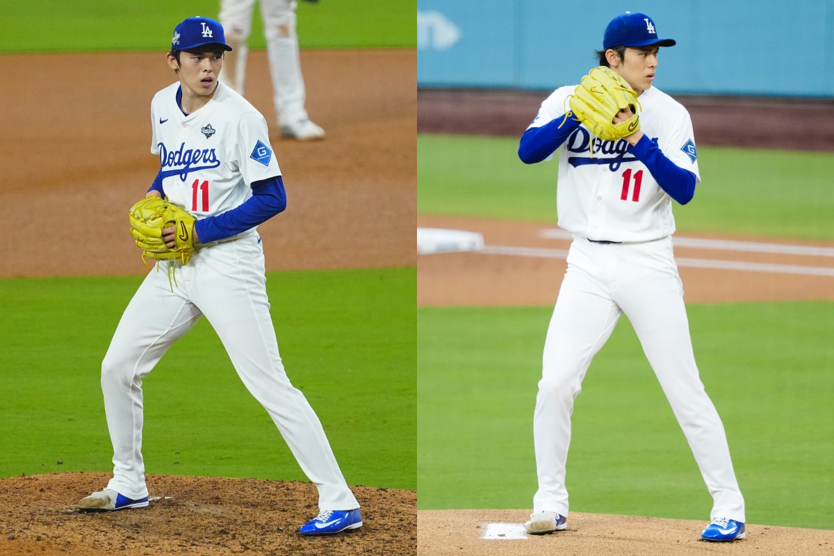 昨年後半（左）と今季の佐々木のフォーム。セットポジションの足幅に違いがある【写真：黒澤崇、荒川祐史】