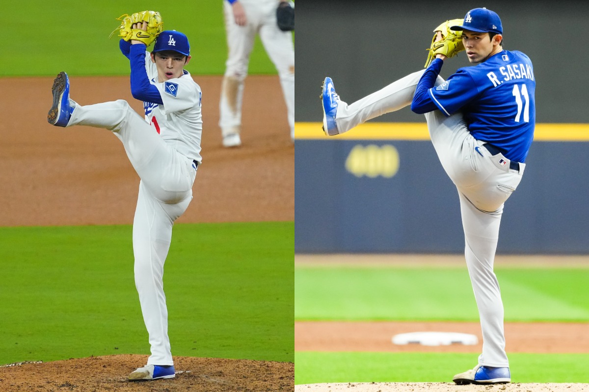 昨年後半（左）と今季の佐々木のフォーム【写真：荒川祐史、黒澤崇】
