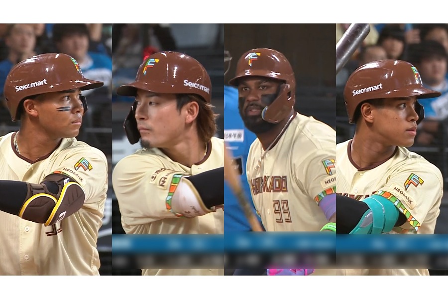 初回先頭からの4者連続HRを記録した水谷瞬、水野達稀、レイエス、万波中正(左から)【画像:パーソル パ・リーグTV】