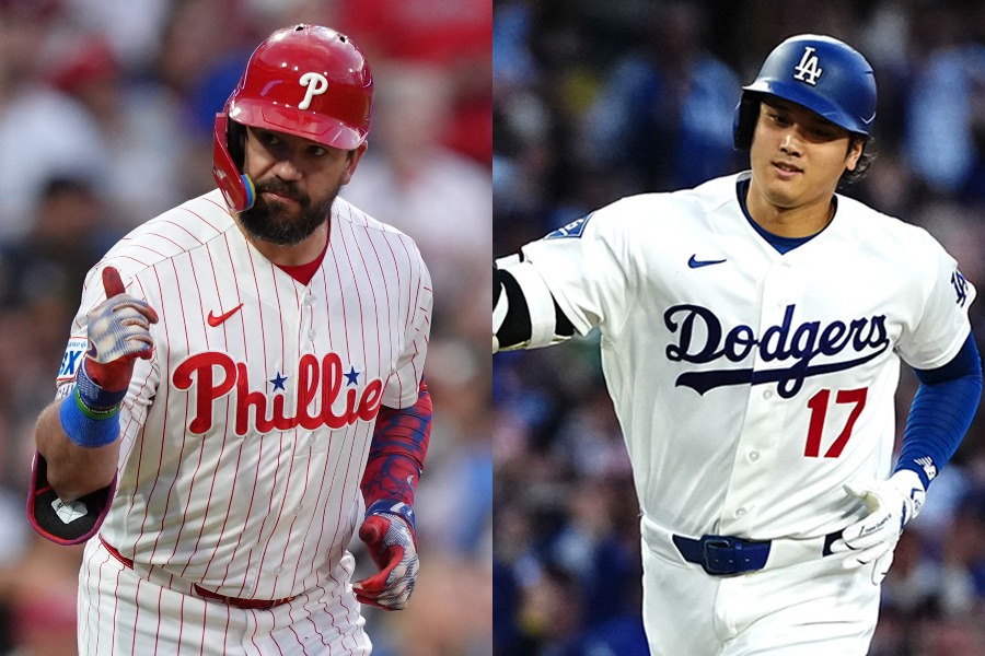 フィリーズのカイル・シュワーバー(左)とドジャース・大谷翔平【写真:ロイター、黒澤崇】