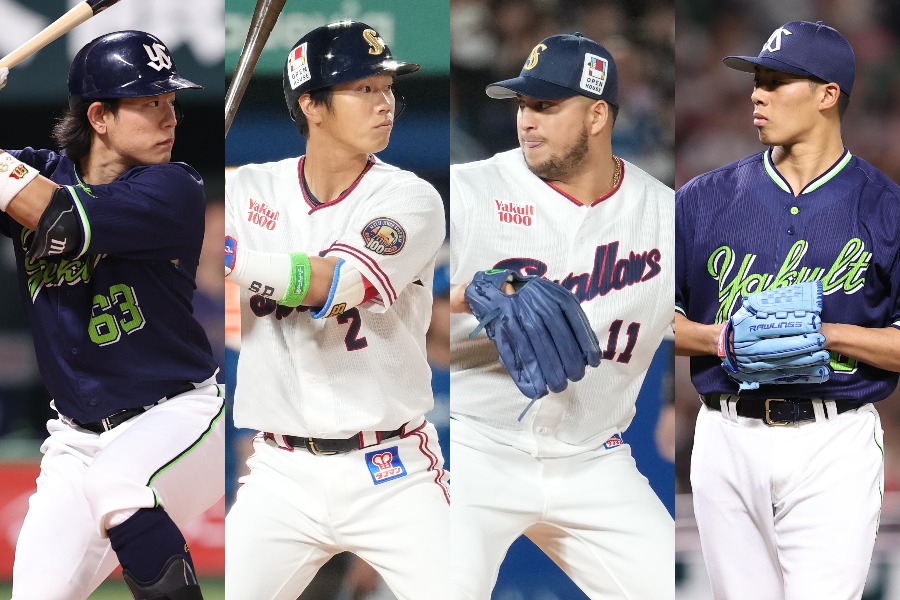 ファン投票で選出されたヤクルト・増田珠、古賀優大、ホセ・キハダ、山野太一（左から）【写真：栗木一考、井上学】