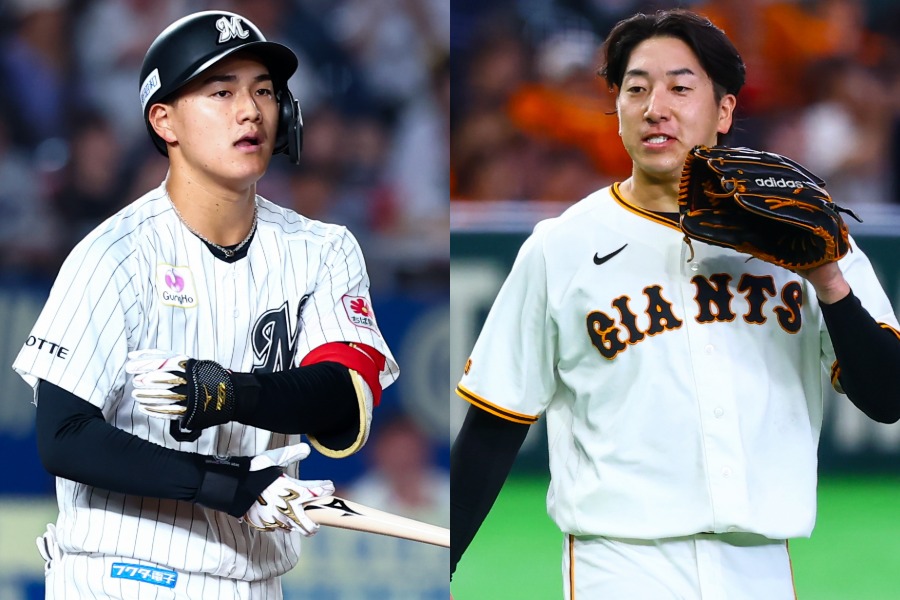 ロッテ・西川史礁（左）と巨人・大勢【写真：加治屋友輝】