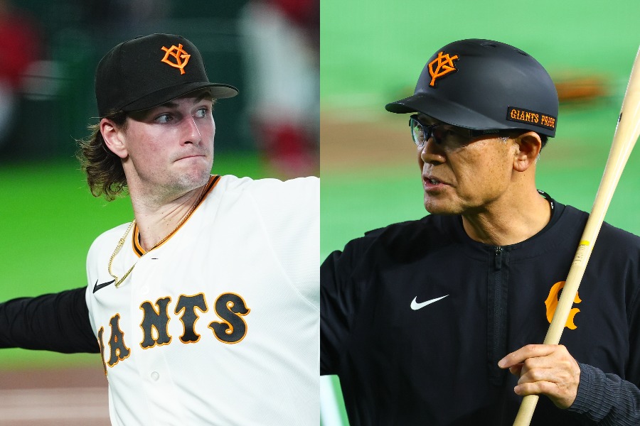 巨人のフォレスト・ウィットリー（左）と川相昌弘ディフェンスチーフコーチ 【写真：小林靖】