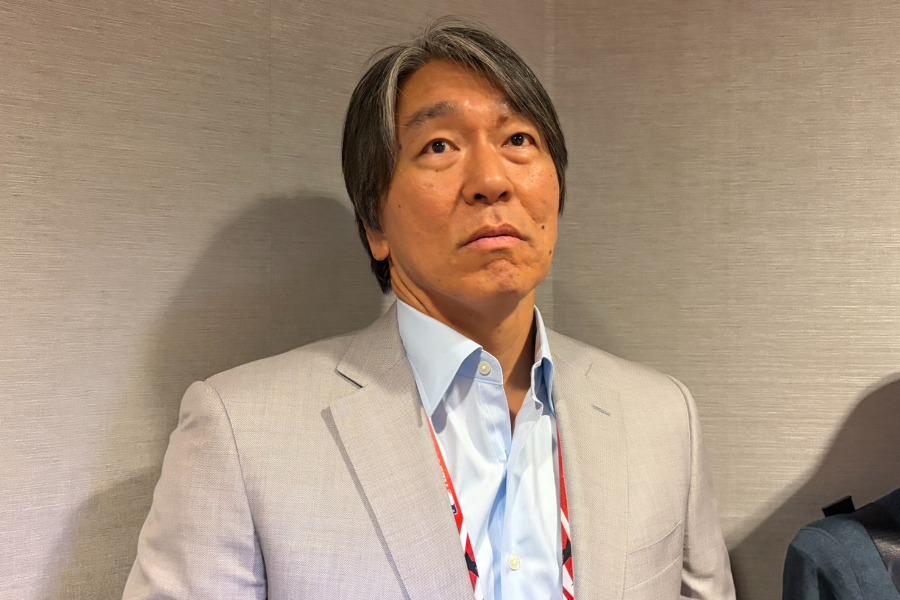 試合前の取材に応じた松井秀喜氏【写真:真柴健】