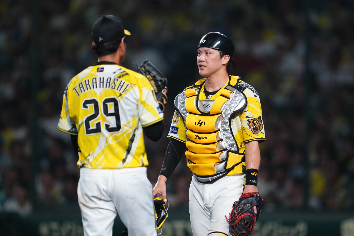 加入1年目から存在感を見せる阪神・伏見寅威（右）【写真：イワモトアキト】