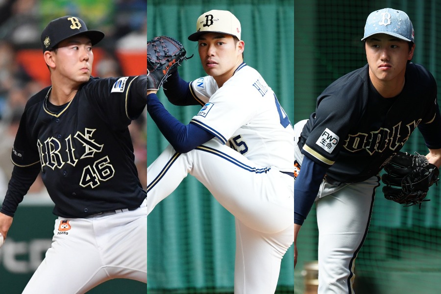支配下登録されたオリックス・本田仁海、東山玲士、陳睦衡(左から)【写真:小林靖、加治屋友輝】