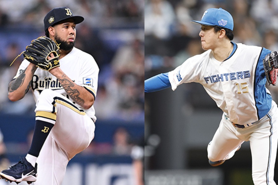 オリックスのアンダーソン・エスピノーザ（左）と日本ハム・北山亘基【写真：球団提供】