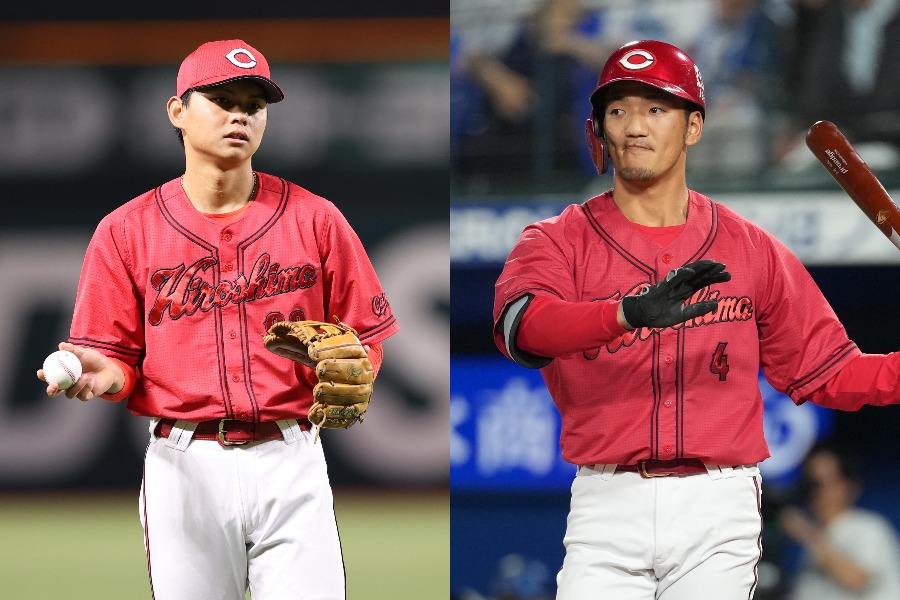 広島・前川誠太（左）と矢野雅哉【写真：栗木一考、井上学】