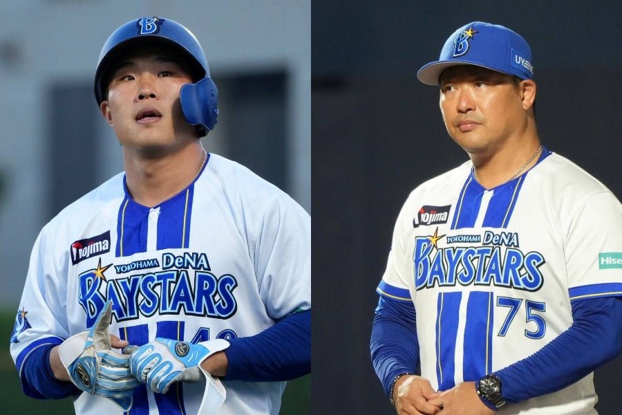 村田修一2軍監督（右）も井上のポテンシャルを評価する【写真：町田利衣】