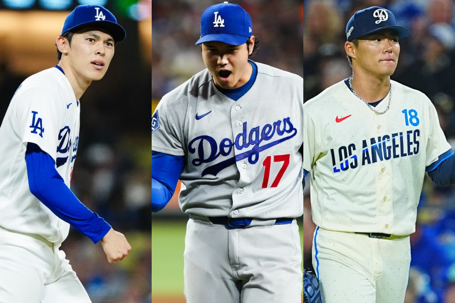ドジャース・佐々木朗希、大谷翔平、山本由伸（左から）【写真：荒川祐史、黒澤崇】