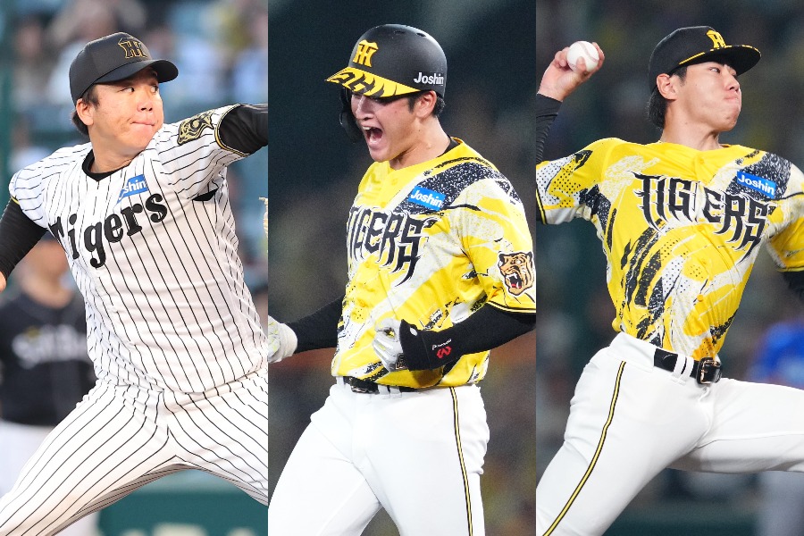 阪神・村上頌樹、高寺望夢、工藤泰成(左から)【写真:栗木一考、イワモトアキト】