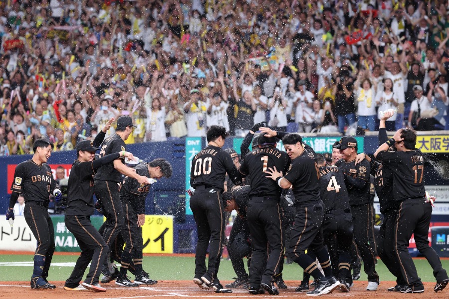 サヨナラ勝利に喜ぶ阪神ナイン【写真:栗木一考】