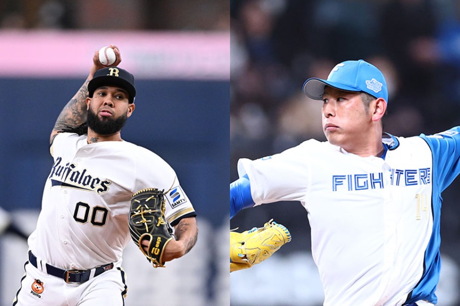 オリックスのアンダーソン・エスピノーザ（左）と日本ハム・加藤貴之【写真：球団提供】