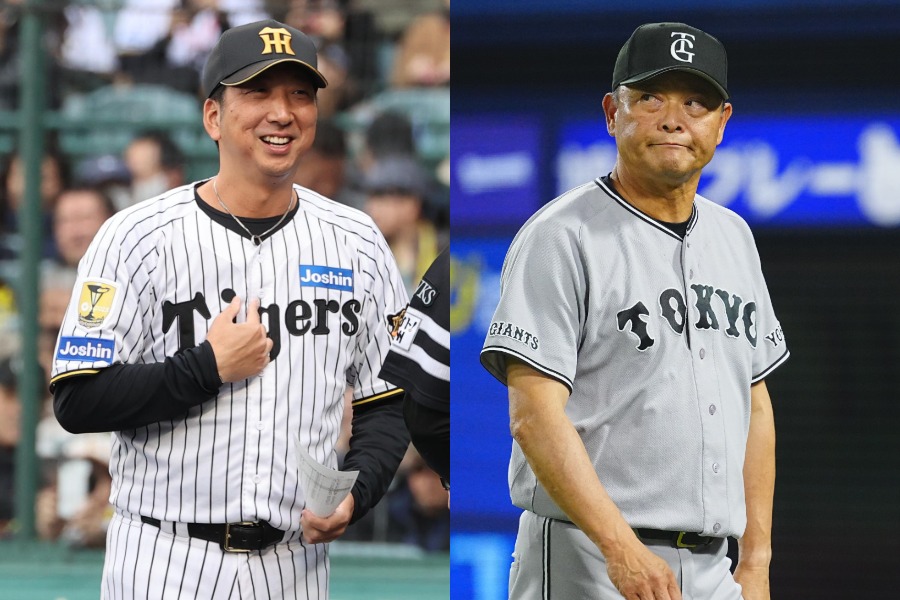 阪神・藤川球児監督（左）と巨人・橋上秀樹監督代行【写真：栗木一考】