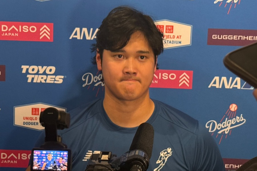 試合後、取材に応じたドジャース・大谷翔平【写真：上野明洸】