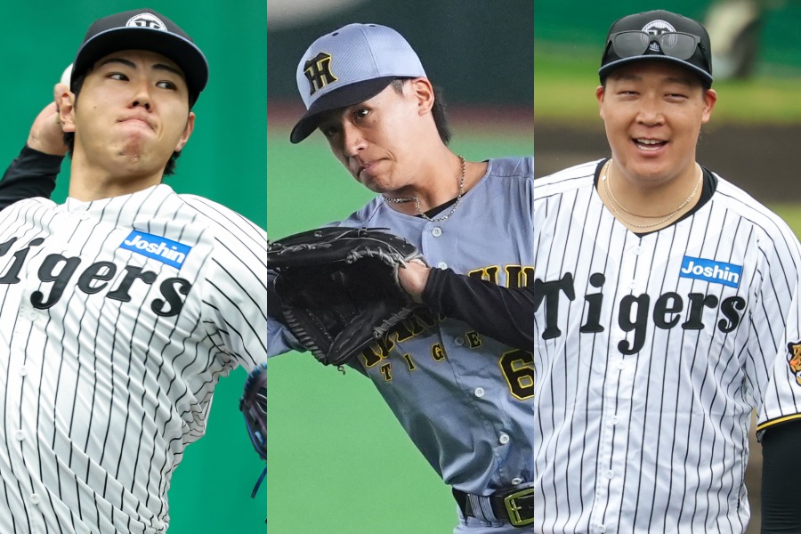 阪神・工藤泰成、植田海、大山悠輔(左から)【写真:加治屋友輝、小林靖】