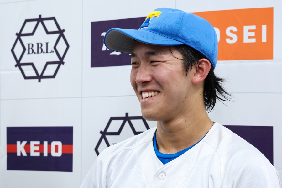 試合後、取材に応じた東大・堀端大貴【写真:加治屋友輝】