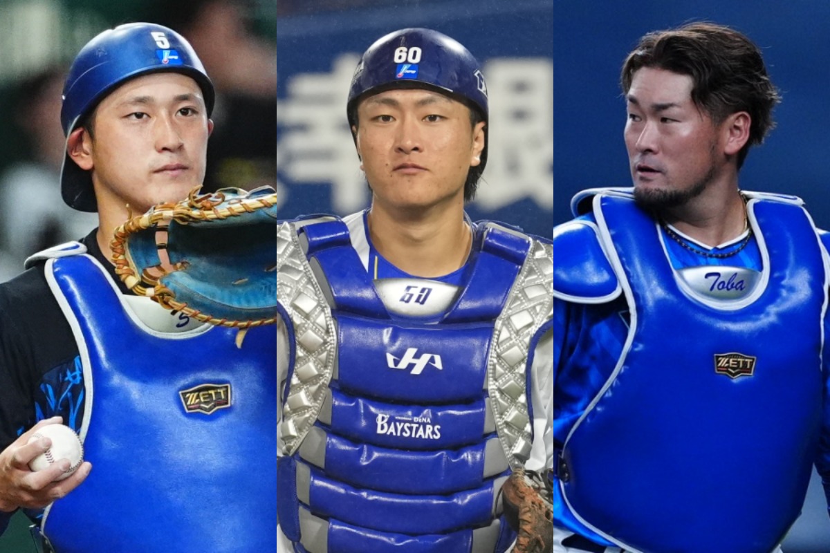 松尾汐恩、古市尊、戸柱恭孝（左から）の“3人体制”が続く捕手陣【写真：小林靖、井上学】