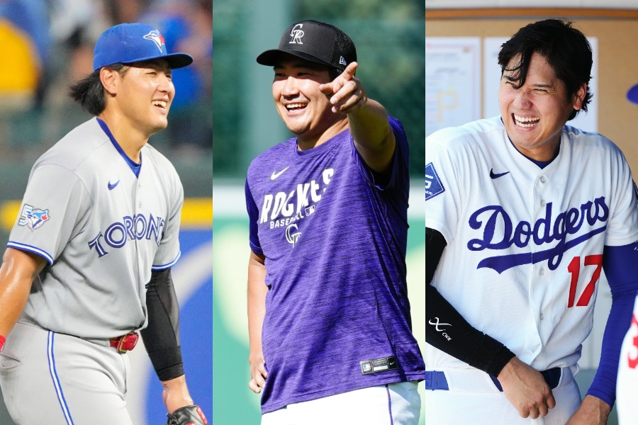 Bジェイズ・岡本和真、ロッキーズ・菅野智之、ドジャース・大谷翔平（左から）【写真：黒澤崇】