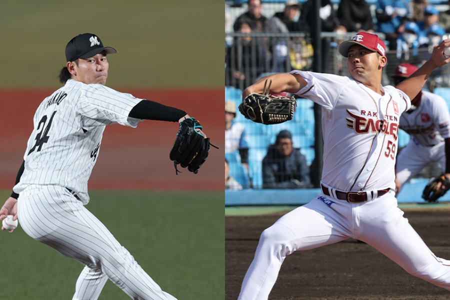 ロッテ・高野脩汰（左）と楽天・泰勝利【写真：球団提供】