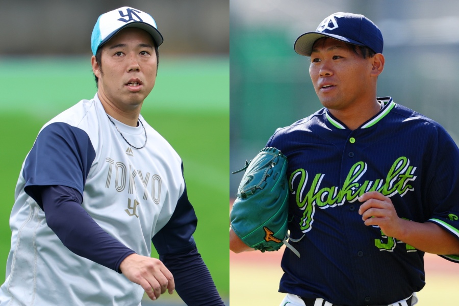 ヤクルト・青柳晃洋（左）と田口麗斗【写真：加治屋友輝、小林靖】
