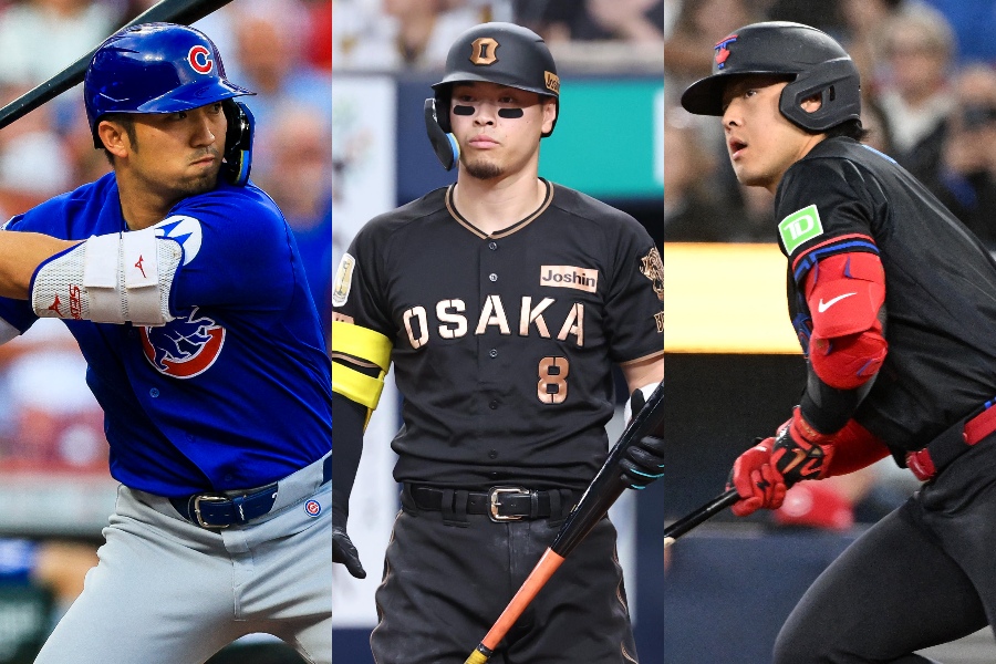 カブス・鈴木誠也、阪神・佐藤輝明、Bジェイズ・岡本和真【写真：ロイター、栗木一考】