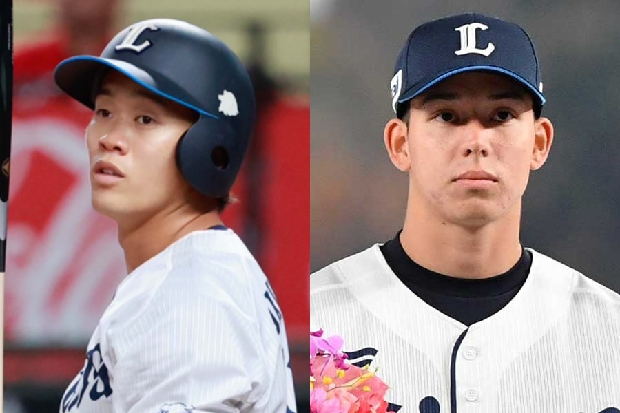 西武・奥村光一（左）とシンクレア【写真：小林靖】