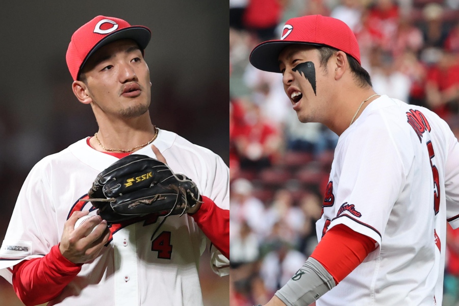 広島・矢野雅哉（左）と小園海斗【写真：栗木一考】